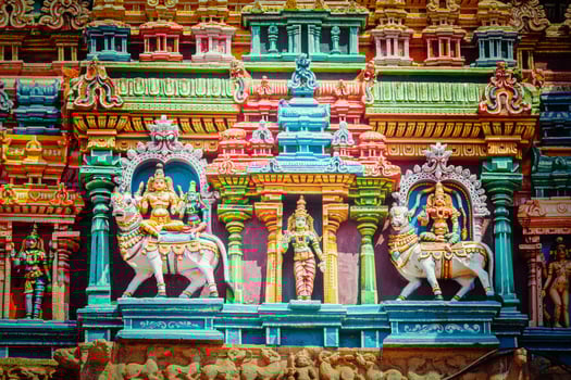 Sculptures on Hindu temple tower photo