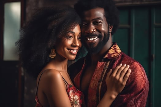 Charming couple in elegant attire shares a tender moment. photo