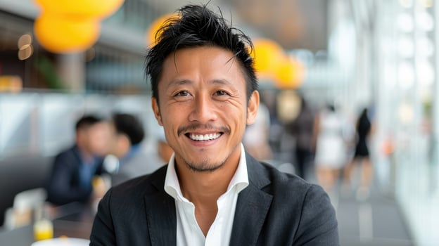 Smiling Asian Businessman in Suit with Blurred Background Lights photo