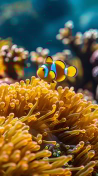 A clownfish perched on the edge of a colorful anemone photo