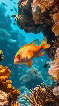 A vibrant orange fish swims through a colorful coral reef photo