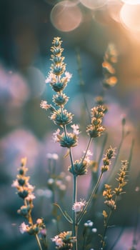 Wildflowers bloom in a field, bathed in the warm glow of the setting sun photo