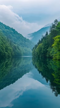 A still lake reflects the cloudy sky and lush green mountains photo