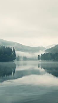 A serene lake reflects the misty morning landscape photo