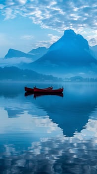 Red boats on a calm lake with a majestic mountain in the background photo