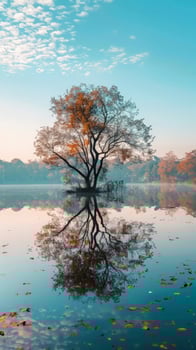 A single tree reflects in a calm lake photo