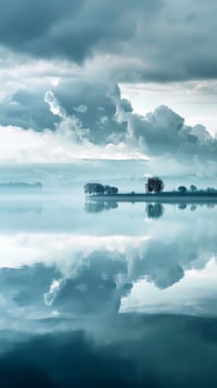 Misty lake with a small island and reflection of clouds photo
