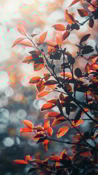 Red and orange leaves on a branch in a forest photo