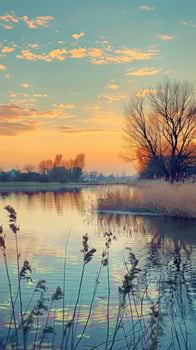 A still river reflects a vibrant sunset sky and bare trees photo
