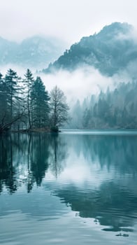 Misty morning over a still lake with forested mountain backdrop photo