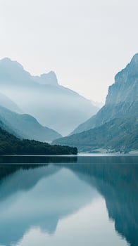 Mountains reflected in a peaceful lake photo