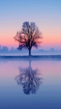 A lone tree stands in a mist-covered lake at sunrise photo