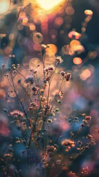 Sunlit wildflowers in a field during the golden hour photo
