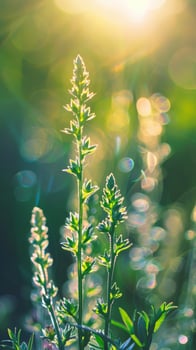 Sunbeams illuminate slender green stalks in a field photo