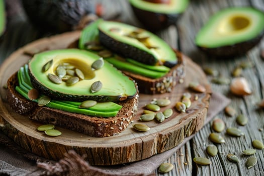 Avocado Toast for breakfast or lunch with rye bread, pumpkin seeds. Vegetarian food. photo