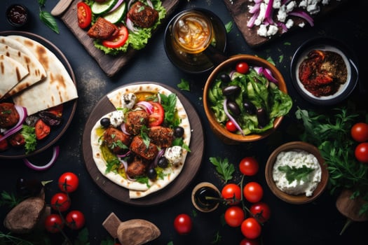 Greek food background. Meze, gyros, souvlaki, fish, pita, greek salad, tzatziki, assortment of feta, olives and vegetables. Traditional different greek dishes set. photo