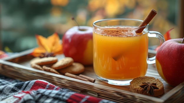 Close-up of a mug of apple cider with spices and a cinnamon stick, autumn treats next to a cup on a wooden tray, a plaid blanket and autumn leaves. photo