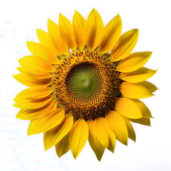 Close up of single sunflower isolated on white background. Seeds and oil. Flat lay flowers center composition, Clipping path photo