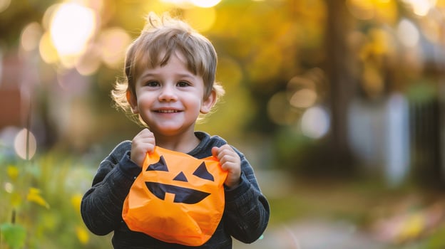 Cute toddler boy with halloween pumpkin on blurred autumn background photo