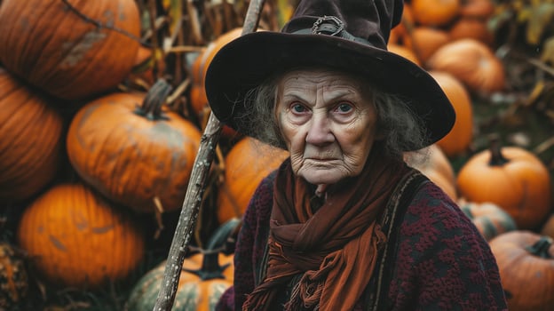 Portrait of an elderly woman in a witch costume at the pumpkin patch photo