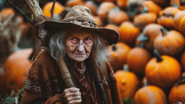 Portrait of an elderly woman in a witch costume at the pumpkin patch photo