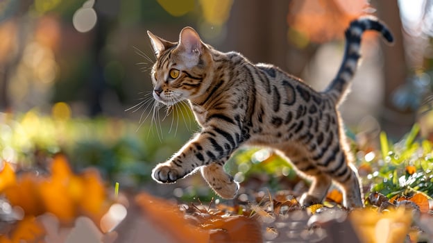 portrait of a Bengal cat cat side view, running in a park photo