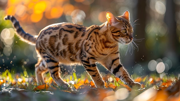 portrait of a Bengal cat cat side view, running in a park photo
