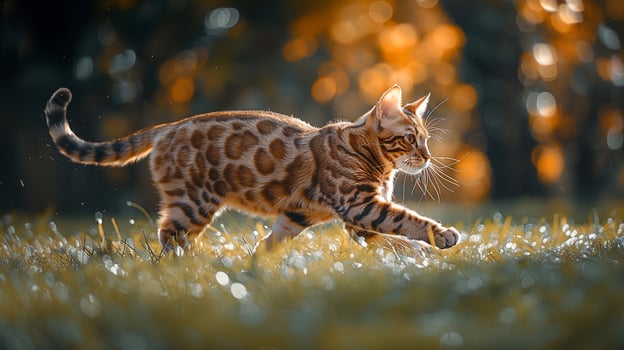 portrait of a Bengal cat cat side view, running in a park photo