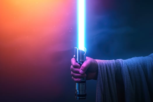 the lightsaber has been glowing blue and red, photo