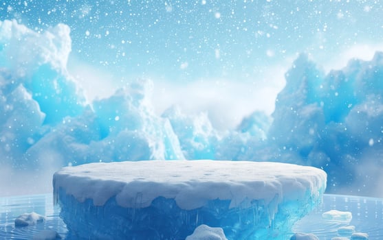 a white icing cake in a snowy setting, photo