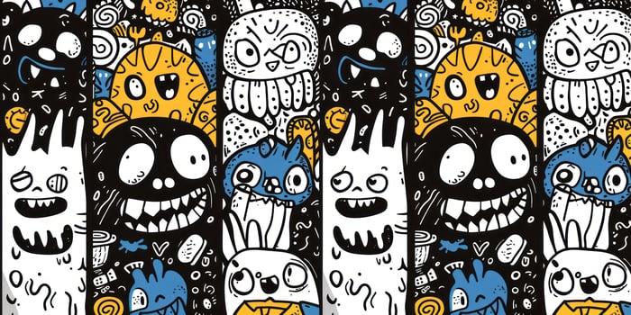 a colorful illustration with big faces and monsters, photo