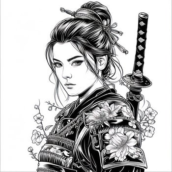 an artistic japanese woman with long hair and a sword, photo