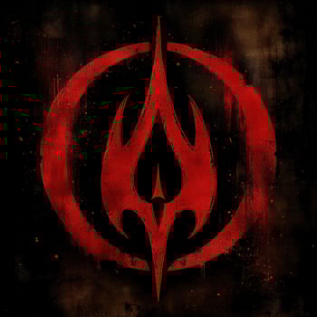 a red and black logo on some grungy paper, photo