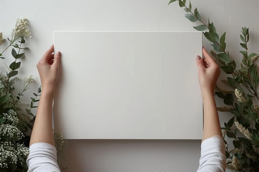 someone holding up a square white board surrounded by flowers, photo