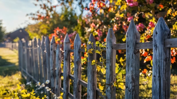an old, weathered fence is lined up with roses, photo