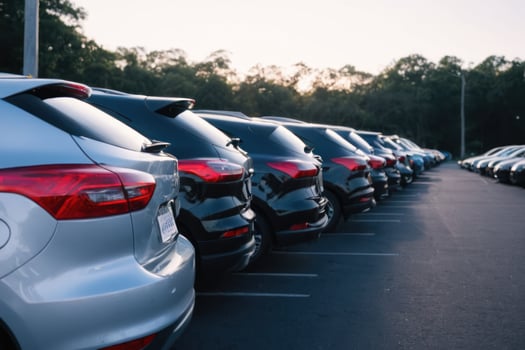 there are many cars that are parked on this parking lot, photo