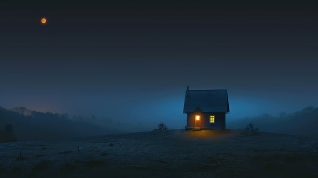 an old abandoned house is illuminated against the moon, photo