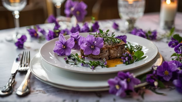 fancy place settings with a floral motif accenting the table, photo