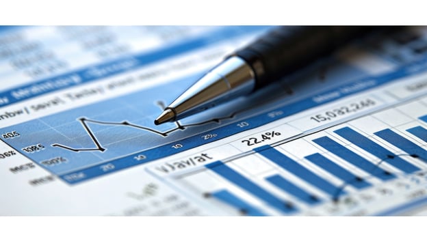 Pen placed on a spreadsheet, highlighting financial data and figures, symbolizing business, finance, and office work. photo