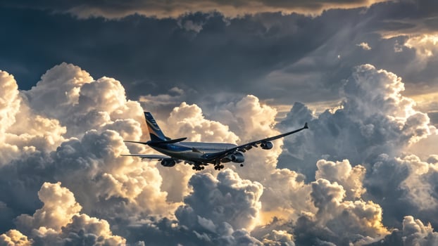 an airplane flying high above the clouds in a stormy sky, photo