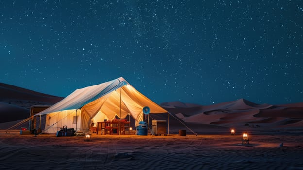 Desert camping scene with big white tent, gear like cooler, camping table, solar lights, sand dunes, starry night sky. Big camping tent gears photo