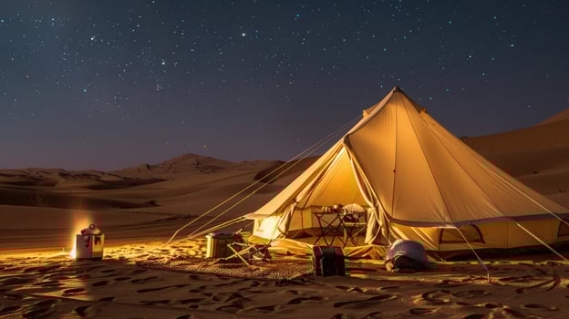 Desert campsite with big white tent, camping gear, cooler, solar lights, starry night sky, sand dunes, serene atmosphere. Big camping tent gears photo