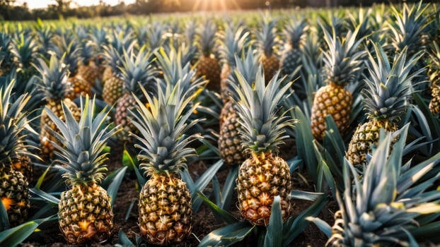 pineapples, pine nutions and palm trees that are surrounded by a bright sun, photo