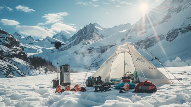 Snowy mountain terrain with big white camping tent, camping gear, snowshoes, thermal blankets, small generator, bright winter sun. Big camping tent gears photo