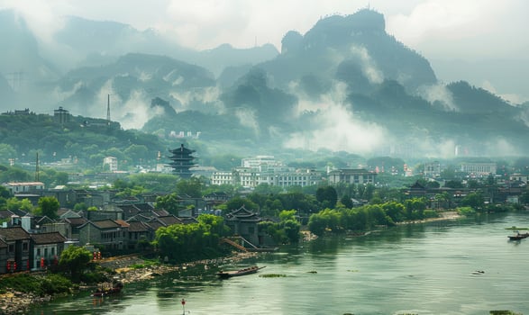 a river with many buildings and mountain in the background, photo