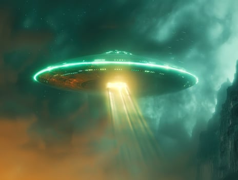 a large green alien flying sauce shaped in the clouds, photo