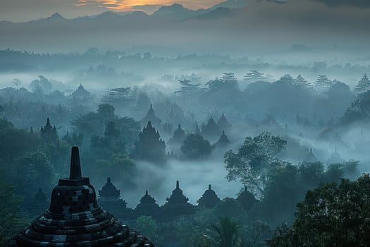 the top of a mountain with fog around it, photo