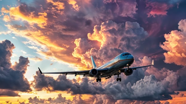 an airplane flying through the air under cloudy skies, photo