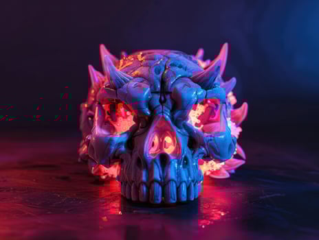 a ceramic skull with glowing details is lit up, photo