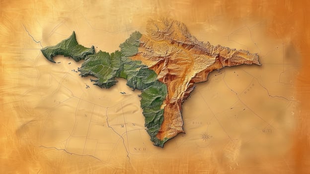 a map is on the wall showing the country's major rivers, photo